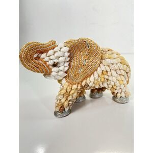 Mid-Century Boho Coastal Chic Seashell & Yarn Handmade Elephant Figurine Luck